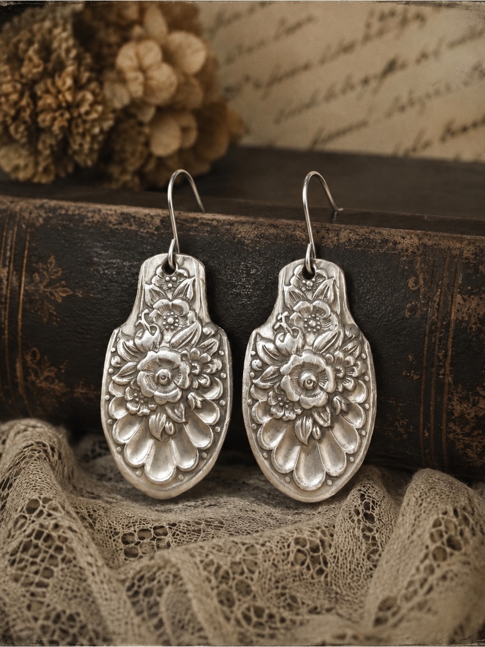 Handmade Silver Floral Relief Drop Earrings - Silver